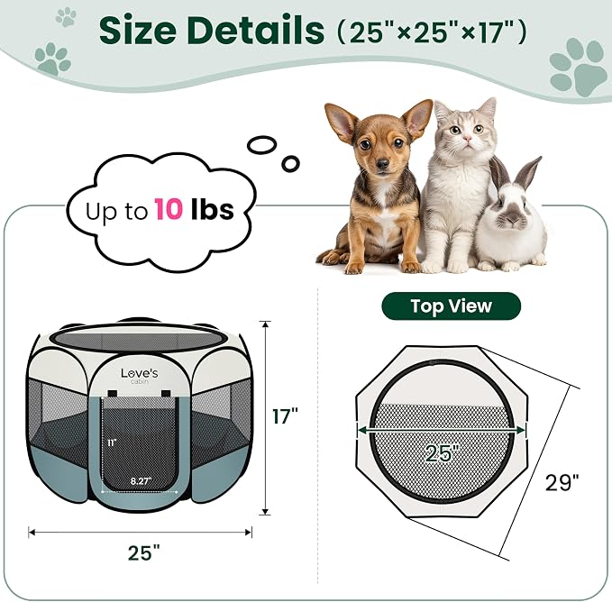 Love's cabin Pet Puppy Dog Playpen, Small Dog Tent Crates Cage Indoor/Outdoor, Portable Playpen for Cat, Foldable Pop Up Dog Kennel Playpen with Carring Case, Removable Zipper Top, Moss Green