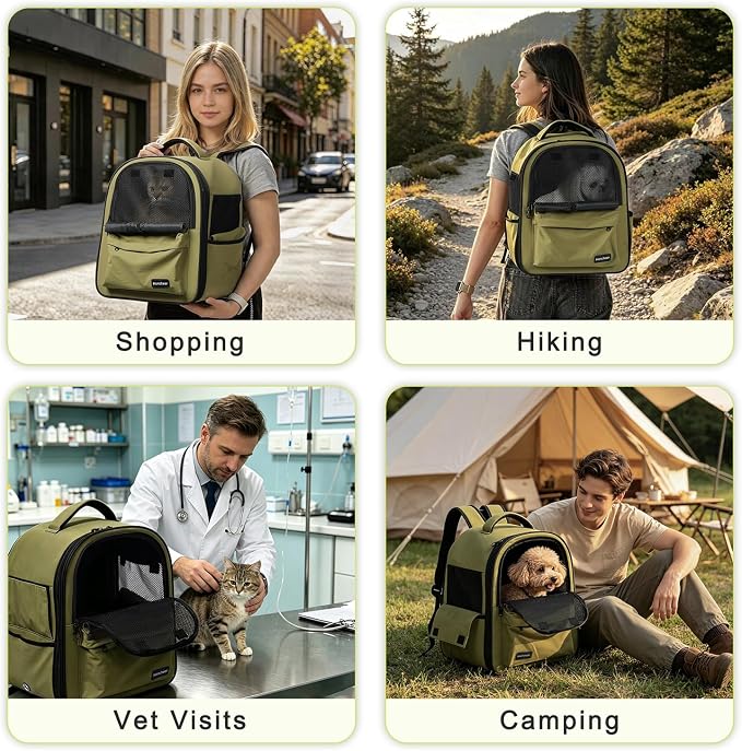 Cat Carrier Dog Backpack Carrier with Anti-Collapse Bottom (Olive Green) | Dog Carrier Mesh Backpack Breathable Pet Travel Bag with Sun Shade, Locking Zippers, Ergonomic Support for Hiking, Vet, Car