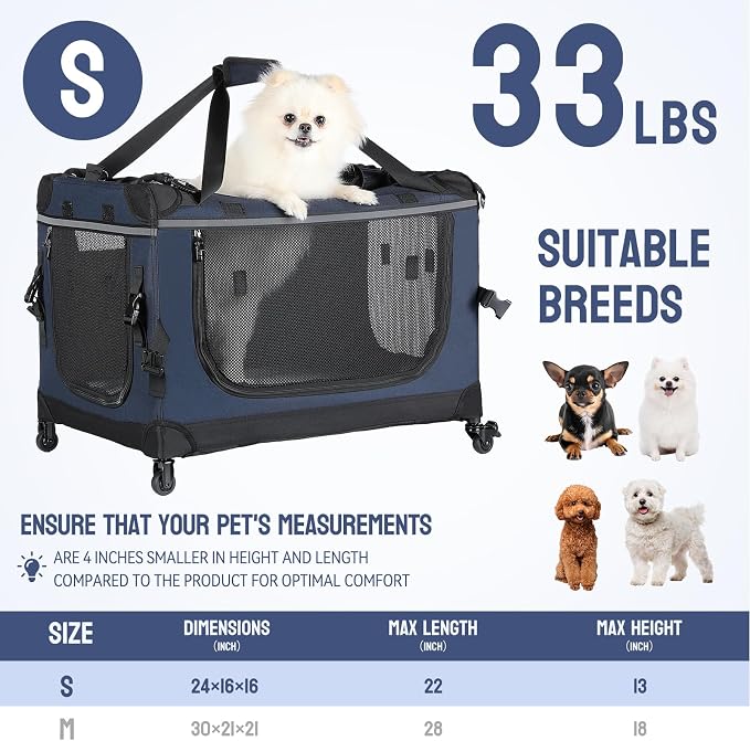 PEGIC 24" Collapsible Rolling Dog Crate for Small Dogs Up to 33 lbs | Detachable Wheel Pet Carrier, Soft-Sided Travel Kennel, Mesh Windows, Foldable for Car, Vet Visits & Road Trips, Indoor Use