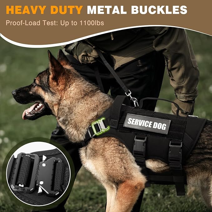 Service Dog Vest Harness for Large Dog, Tactical Working MOLLE Vest with 10 Pet Patches, No Pull Heavy Duty Harness for Training Hunting Walking