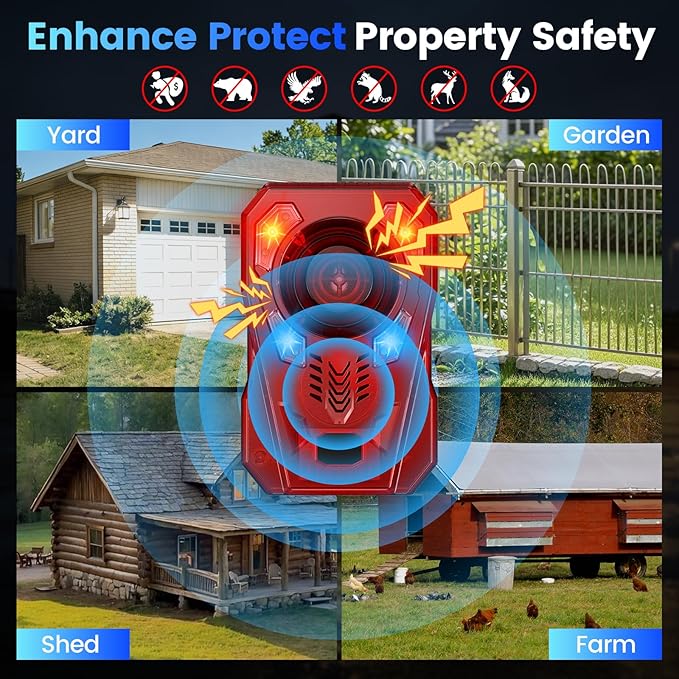 Upgraded Motion Sensor Alarm Outdoor, Radar + IR Dual Protection to Deter Deer, 130dB Dog Bark w Strobe Light, 10 Sounds & 20S Recording, Solar Waterproof Motion Detector for Garden Yard Farm