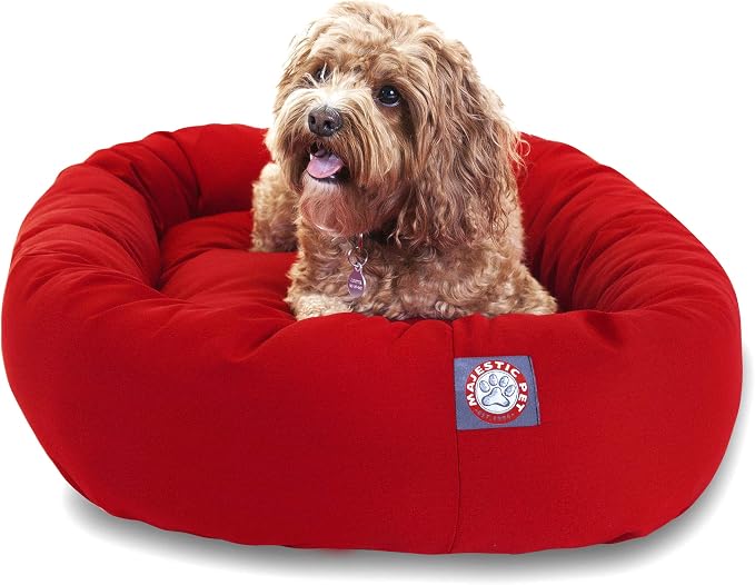 Majestic Pet Bagel Calming Dog Bed, 32 Inch Medium, Round, Washable, Red | Cozy Soft Fluffy Donut Pet Bed with Spine Support for Head Rest – Anti-Anxiety Comfort for Puppies & Dogs, 32x23x7 Inches
