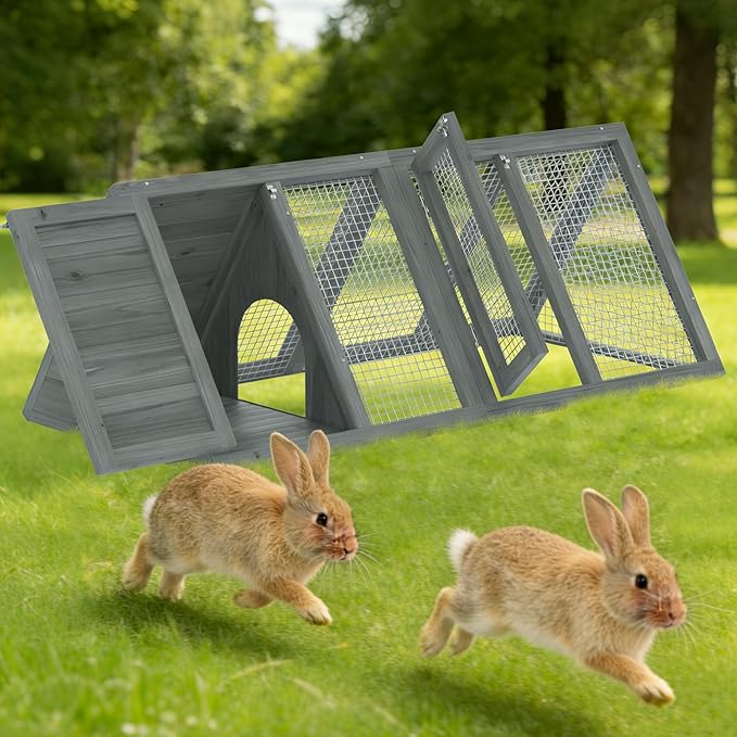 Small Chicken Coop, Rabbit Hutch Outdoor, Wooden Triangle Rabbit Cage with 2 Door & Poultry Run, Portable Bunny Hutch for Chicken, Rabbit, Guinea Pigs, Hedgehog, Small Animals (Modern Grey)