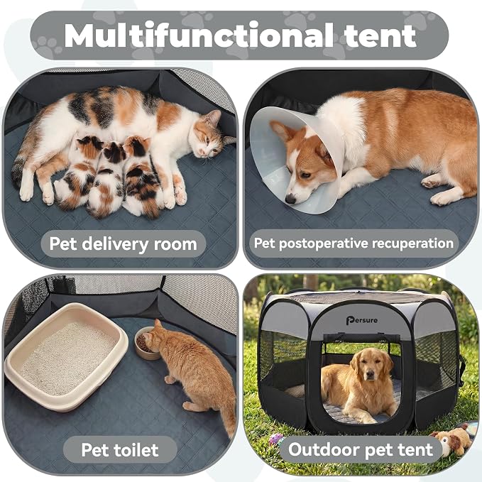 Persure Dog Cat Pet Playpen Puppy Crate Cage for Indoor Outdoor Travel | Nursing Rest Zone Recovering Pet Quarantine Room Portable Pop Up Easy to Set up lightweight Bag(Dark Grey with Pad, Large)
