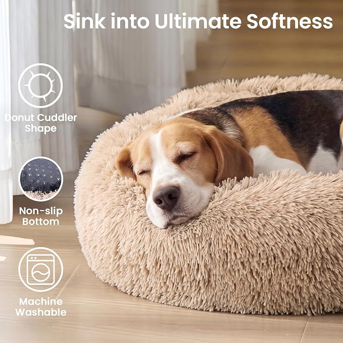 JOLLYVOGUE Calming Dog Beds Extra Large Sized Dog, 45in Donut Washable Large Pet Bed, Anti-Slip & Anti-Anxiety Fluffy Faux Fur Round Dogs Bed, Fits up to 125 lbs Pets (Camel)