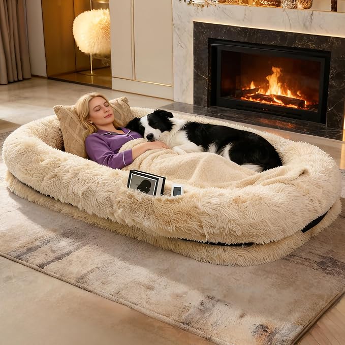 Human Dog Bed with Pillow & Blanket - 71 × 45 × 12 Inch | Oversized Pet Bed for Large Dogs, Leak-Resistant Washable Dog Couch Bed for People & Dogs to Share Beige