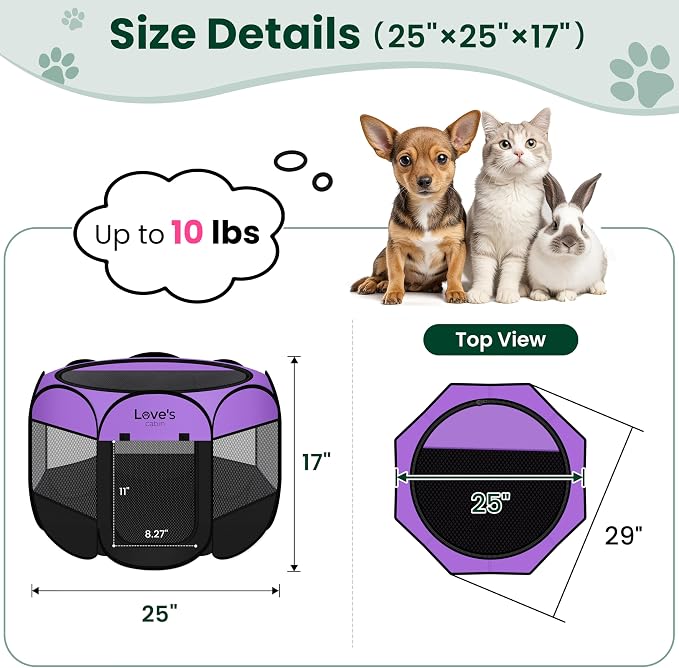 Love's cabin Pet Puppy Dog Playpen, Small Dog Tent Crates Cage Indoor/Outdoor, Portable Playpen for Cat, Foldable Pop Up Dog Kennel Playpen with Carring Case, Removable Zipper Top, Purple