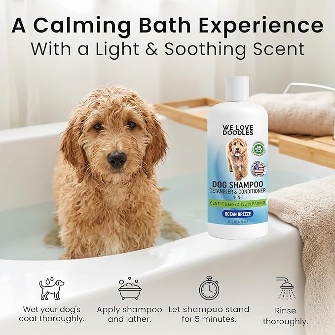 Dog Shampoo, Conditioner & Detangler-Best Shampoo for Goldendoodles, Poodles & Doodles Pet Hair -Hypoallergenic, Tearless, Sensitive Skin for Puppies & All Dog Breeds -Made in USA,16OZ (Ocean Breeze)