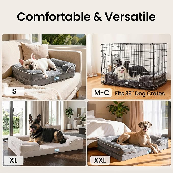OhGeni Orthopedic Extra Large Dog Bed Couch, Memory Foam, 44-inch (Beige) | Waterproof Pet Bed with Machine-Washable Removable Cover & Soft Comfortable Fabric