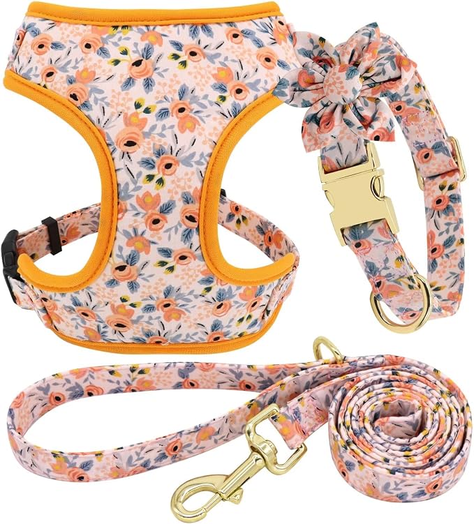 Beirui Cute Dog Collars,Harnesses,Leashes Set, Floral Pattern, Orange,M | Girl Dog Harness Set with Flower, Adjustable and Soft Mesh Lining, For Medium Dogs Daily Walks