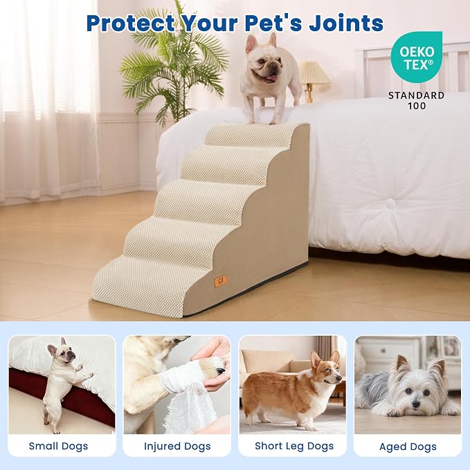 5 Step Dog Stairs for High Bed,Non-Slip Pet Ramp for Small Dogs and Cats | High-Density Foam Support with a Stable 5-Step Design for Easy, Comfortable Access to High Beds with Washable Cover,Khaki