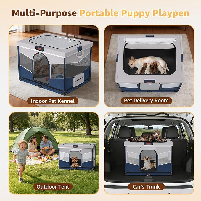 LOOBANI Small Dog Playpen, 32"x24"x22", Foldable & Portable, Blue | Puppy Cat Playpen Indoor, with Sturdy Steel Frame, Travel Dog Crate with Carry Bag, Removable Washable 690D Fabric Cover