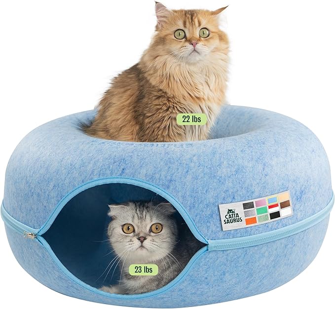 Peekaboo Cat Cave Donut for Multiple & Large Cats up to 30-45 lbs, 3-in-1 Self Warming Cat Bed, Tunnel & Scratcher for Indoor Cats, Washable & Detachable Small Dog Bed (Blue, Large)