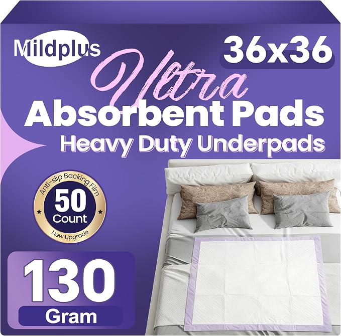 MILDPLUS Disposable Underpads 36"x36", 50 Count (Purple) | 130 Grams Heavy Duty Bed Pads, Anti-Slip Film, Extra Large Chucks Pads, 3XL Thicker Incontinence Pads for Adults, Kids or Pet