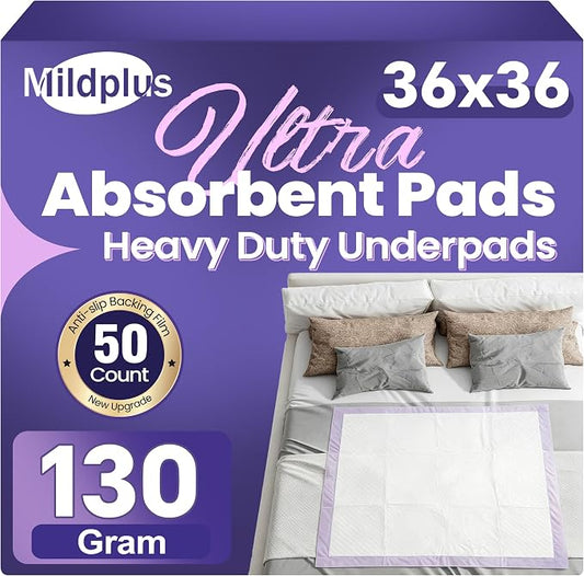 MILDPLUS Disposable Underpads 36"x36", 50 Count (Purple) | 130 Grams Heavy Duty Bed Pads, Anti-Slip Film, Extra Large Chucks Pads, 3XL Thicker Incontinence Pads for Adults, Kids or Pet