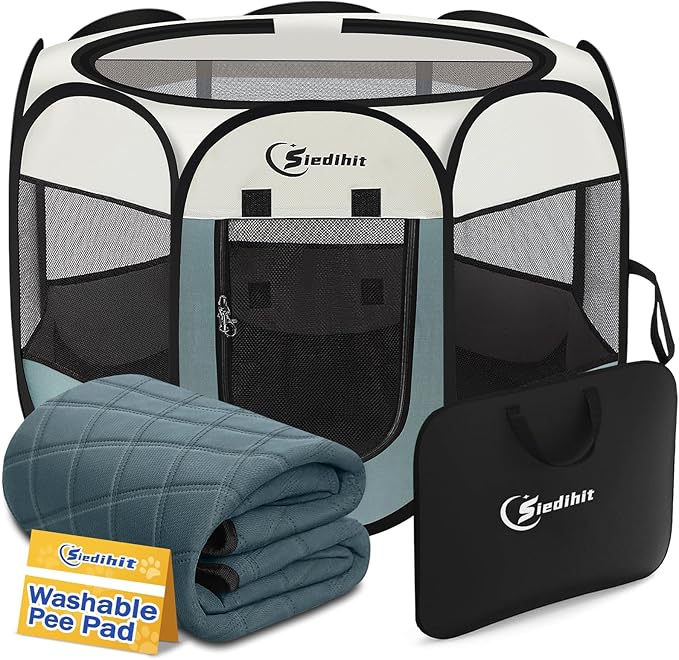 Siedihit Dog Pet Playpen Tent Crate Cage with Washable Pee Pad, Large Grey | Pet Nursing Enclosure Camping Rest Zone for Recovering Pets 600D waterproof polyester Oxford, Breathable double-layer mesh
