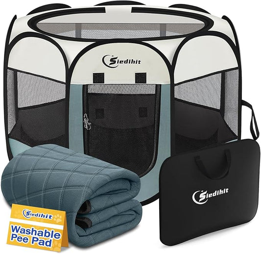 Siedihit Dog Pet Playpen Tent Crate Cage with Washable Pee Pad, Large Grey | Pet Nursing Enclosure Camping Rest Zone for Recovering Pets 600D waterproof polyester Oxford, Breathable double-layer mesh
