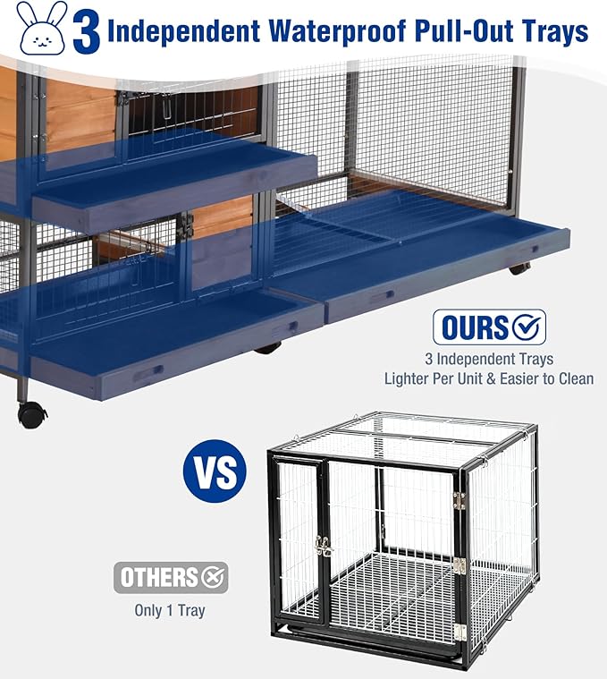 Large Rabbit Hutch Indoor with Chew-Proof Full Metal Frame, Bunny Cage Outdoor with 2-Story Guinea Pig Cages with 6 Wheels, 3 Pull-Out Trays, Waterproof Asphalt Roof, 62" L - Orange
