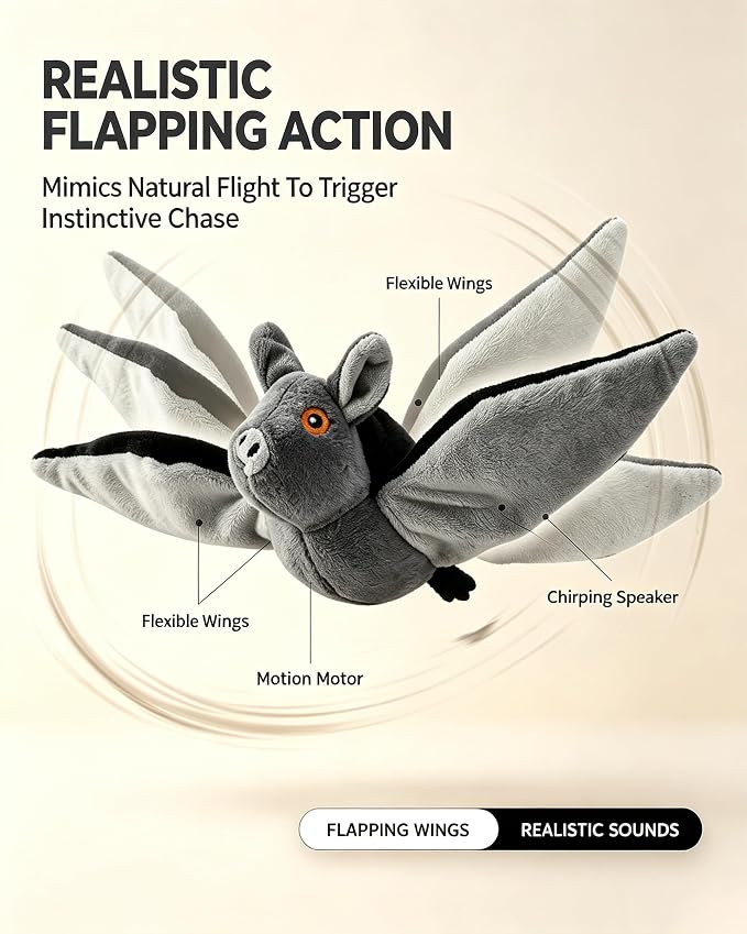 Flying Bat Dog Toy, Interactive Flying Bat Toy for Dogs with Flapping Wings, Chirping Sounds, USB Rechargeable, Touch Activated, Hanging or Floor Toy for Dogs, Puppies and Cats to Reduce Boredom，3 PCS