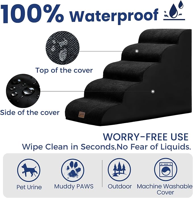 GoGoBunny Ramp Dog Stairs for High Beds 22.6" H, 5-Step Dog Slope Stairs with Durable Waterproof Fabric Cover, Pet Steps for Old Large Dogs Climbing, Non-Slip Sturdy Indoor Step, Black