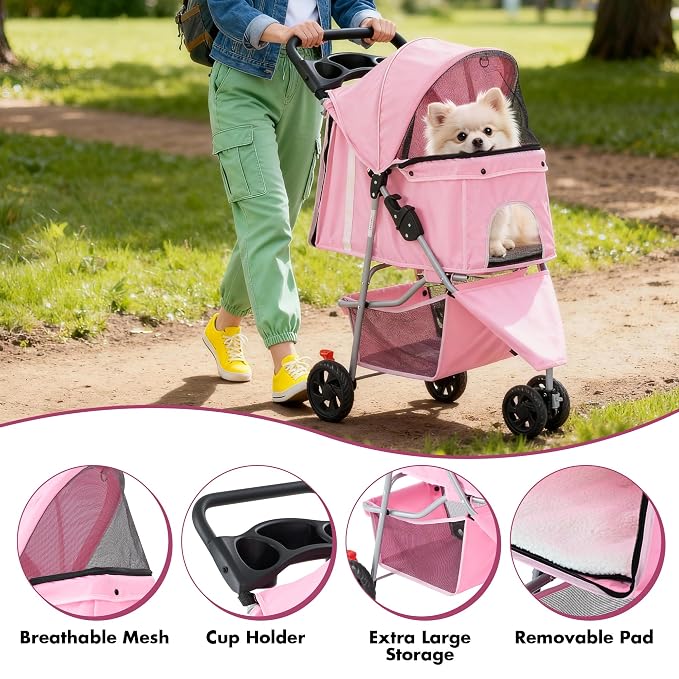 DUMOS 3 Wheels Pet Stroller for Small Dogs and Cats | Foldable Dog Stroller with Mesh Windows, Storage Basket & Cup Holder, Lightweight & Durable Pet Carrier for Travel, Pink