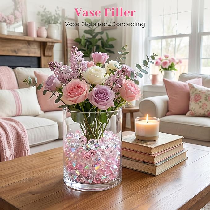 DomeStar 150PCS Dazzling Fake Ice Rocks, Pink Holographic Acrylic Crushed Ice Sparkling Plastic Diamonds Gems for Vases Fillers Aquarium Rocks Party Table Scatter Wedding Decor