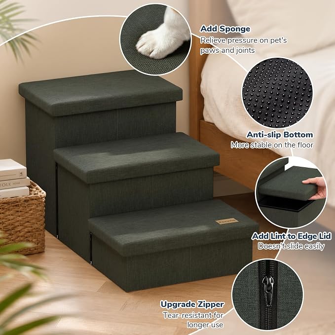 3-Step Wide Dog Stairs with Hidden Storage 18" H, Non-Slip Dog Steps for High Bed Couch Window Car, Jiont-Friendly Pet Stairs Ramp for Small/Medium/Large Old Dogs Cats Up to 200lbs, Grey Green