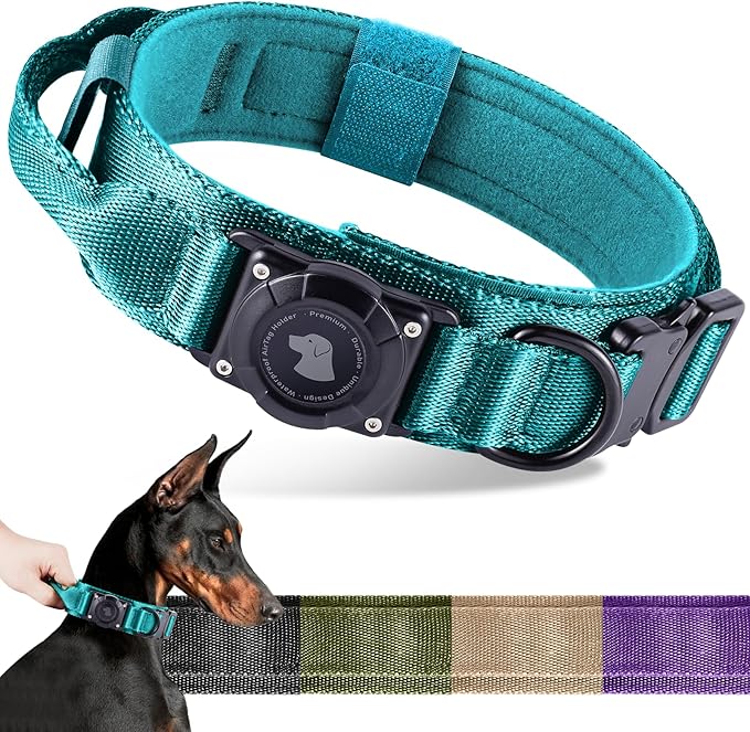 2026 Upgrade Waterproof AirTag Dog Collar, Military Tactical Dog Collar with AirTag Holder, Comfortable Control Handle and Metal Buckle, GPS Dog Collar Holder for Medium to Large Dogs (Blue,L)