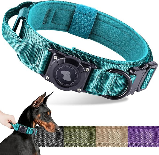2026 Upgrade Waterproof AirTag Dog Collar, Military Tactical Dog Collar with AirTag Holder, Comfortable Control Handle and Metal Buckle, GPS Dog Collar Holder for Medium to Large Dogs (Blue, M)
