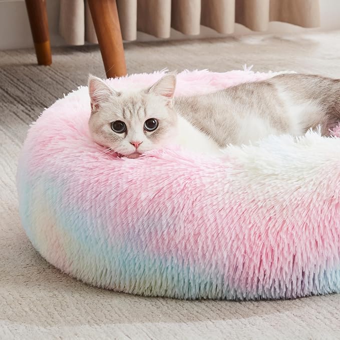 Western Home Calming Donut Cat Bed Small Dog Bed Washable,20" Rainbow | Fluffy Faux Fur Round Cuddler,Anti-Anxiety,Anti-Slip Bottom,Self-Warming Pet Bed for Small Dog&Kitten&Puppy,Up to 12 LBS