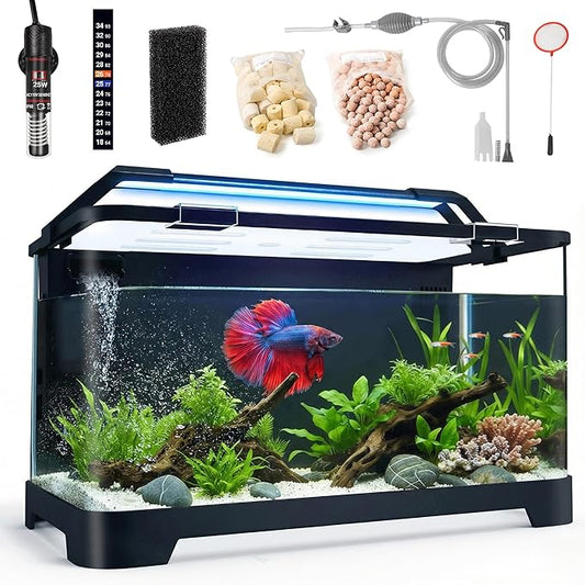 3.5 Gallon Betta Fish Tank, All in One Aquarium Starter Kits with Back Filter, Adjustable Pump, 25W Heater, Thermometer Strip, LED Light with Timer & Water Changer Kit, Nano Fish Tank, AIO Aquarium