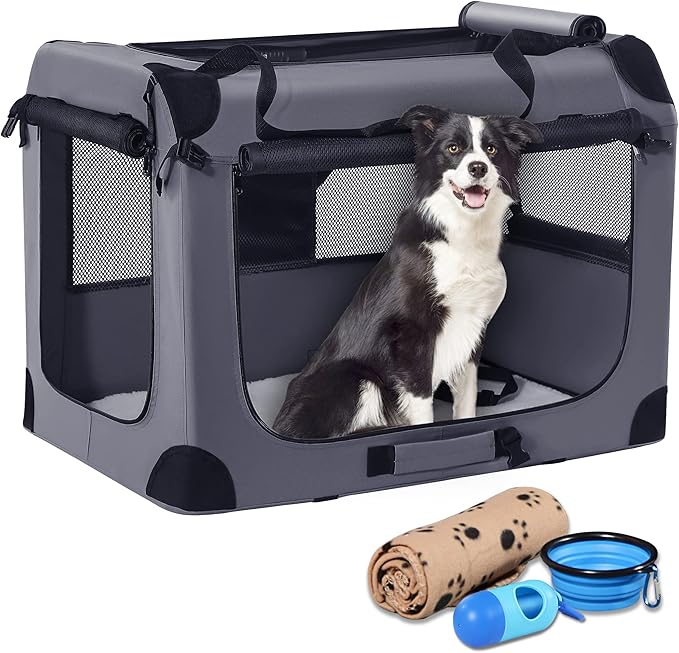 Petprsco Portable Dog Crates for Medium Dogs, 32"x23"x23" Travel Dog Crate | Collapsible Dog Crate with Plush Mat, Soft Blanket & Foldable Bowl, Strong Fabric, 4-Sided Vents, 3 Doors, Indoor/Outdoor Use
