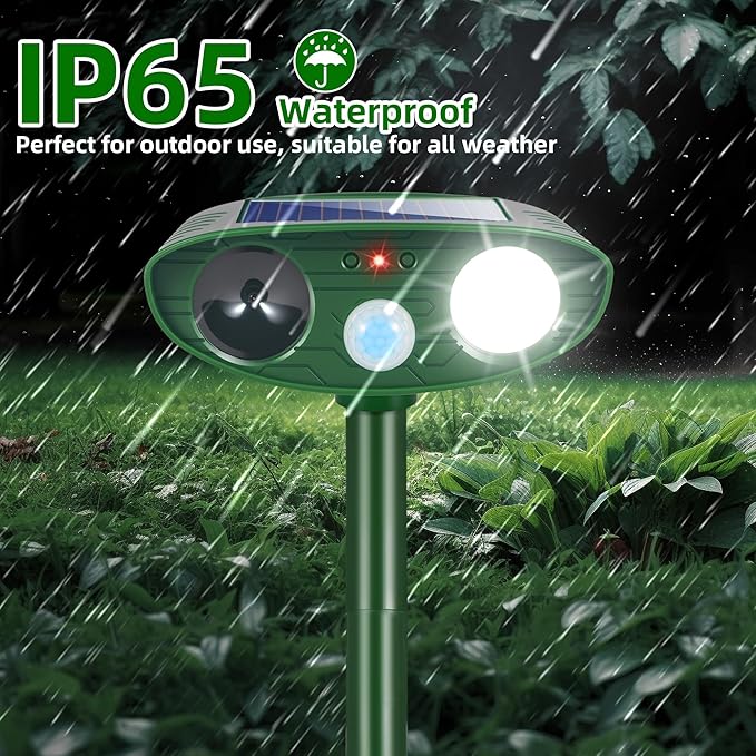 4 Pack Solar Ultrasonic Animal Repellent Animal Deterrent Devices Outdoor IP65 Waterpfoof with Motion Sensor & Strobe Light- Keep Deer,Cats,Squirrels,Dogs,Raccoons,Rabbits,Skunks Away from Garden Yard