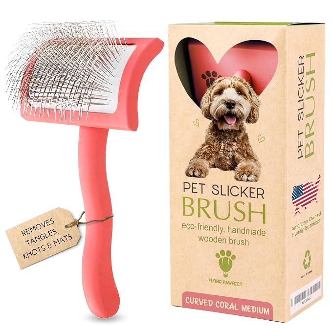 Slicker Brush for Dogs - Long Pin for Poodles, Doodles & Long Haired Dogs, Deshedding & Dematting Tool, Slicker Dog Brushes for Grooming (Coral, Curved Medium)