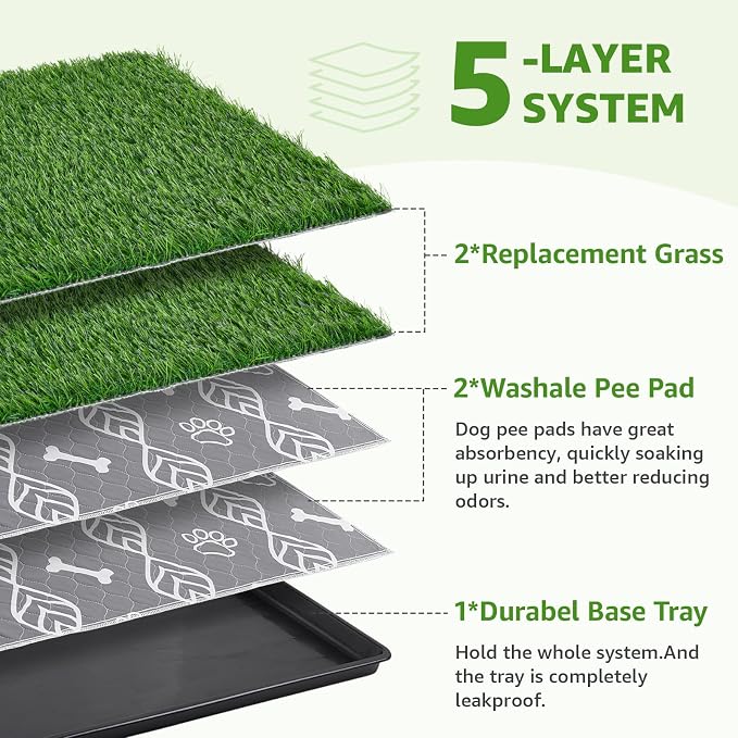 LOOBANI Large Dog Grass Pad with Tray - 35x23in for Balcony Apartment | Dog Potty with 2 Artificial Grass & 2 Washable Pee Pads for Replacement, Quick-Absorbency, Easy to Clean, Indoor/Outdoor Use