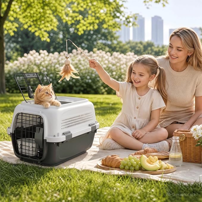 19.5" Hard-Sided Pet Carrier for Small Dogs & Cats, Plastic Cat Carriers | Front & Top Door Access, Ventilation Design, Feeding Bowl Included, for Camping & Trips, for Small Pets up to 20 lbs, Gray