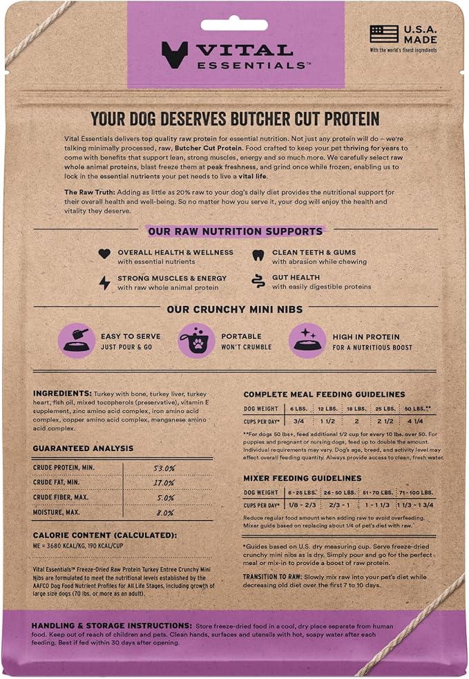 Vital Essentials Freeze Dried Dog Food, Raw Turkey Crunchy Mini Nibs | Complete Meal or Topper | 96% Turkey, Organs & Bone | Limited Ingredient, High Protein, Grain Free Dry Dog Food | 14 oz Bag