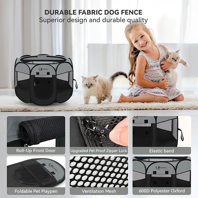 Siedihit Dark Grey Dog Cat Playpen, Puppy Pet Playpen, Small Dogs Tent | Crates Cage Indoor/Outdoor, Portable Pop Up Dog Kennel Playpen with Carrying Case for Dogs/Cats/Rabbits