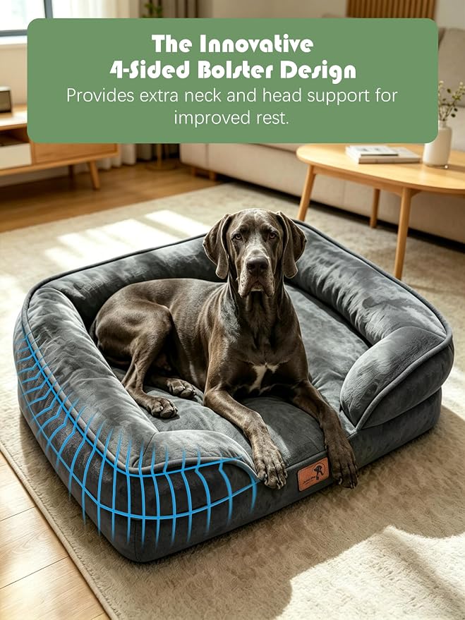 Spotted Play Orthopedic Dog Bed with Sides - Sofa Beds for Extra Large Dogs, Supportive Foam Pet Couch Bed with Washable Removable Cover, Waterproof Lining and Non-Slip Bottom, Dark Grey - XXL