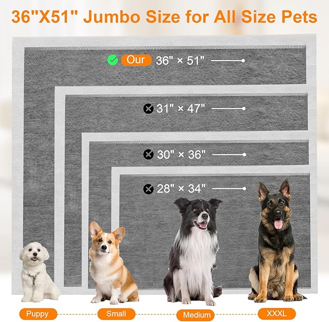 Charcoal Puppy Pads 36"×51", Ultra-Large Carbon Pee Pads for Dogs, Odor-Control Puppy Pads, 6-Layer Dog Training Pads, Ultra-Absorbent & Quick-Dry Black Dog Pads 100 Count
