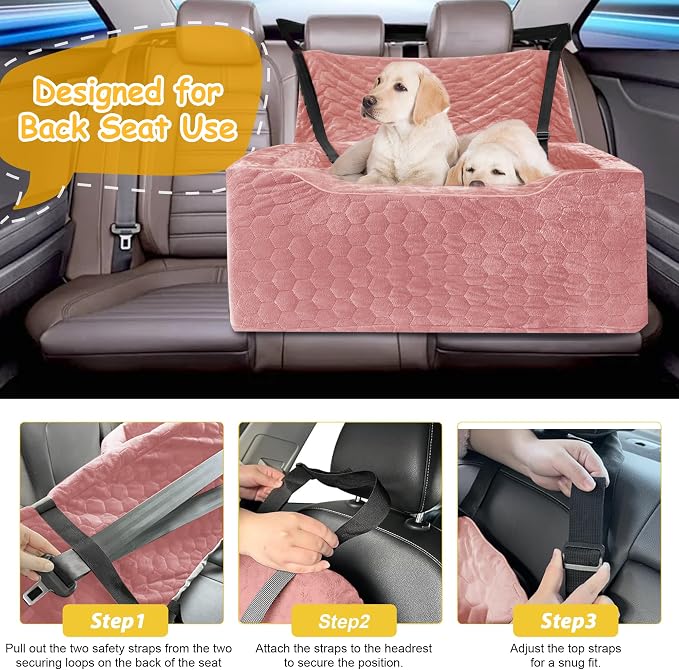 Dog Car Seat for Medium/Large Dog Booster Seat Under 60 lbs or 2 Small Dogs, Multi-Functional Pet Car Seat with Thick Cushion, 2 Safety Leashes (Pink)