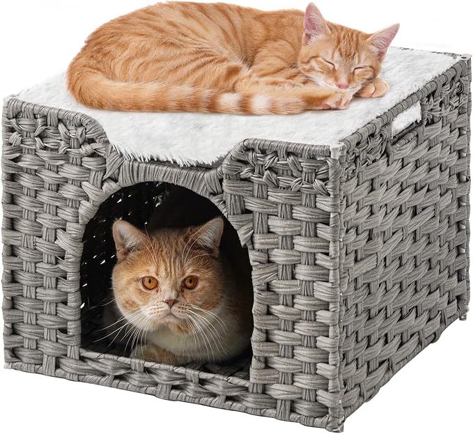 SETVSON Cat Beds Indoor Kitten House, Handwoven Rattan PE Cat Cave, Gray | 2-in-1 Kitty Condo with Top Perch & Bottom Cave, Furry Canvas Dual Cushion, 2 S-Hooks, Steel Frame, 16.5x16.5x13.2 In