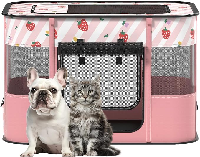 Dog and CAT pop Play Pen,Pets Houses for Dogs and Cats,Indoor&Outdoor Exercise Pen Dog Tent Puppy Playground Large (L, Pink) | Portable Dog Kennel with Upgrade Breathable Mesh，Sturdy Kitten Playpen Indoor & Outdoor for Rabbit or Small Animals，Pink