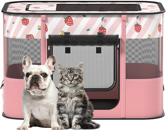 Dog and CAT pop Play Pen,Pets Houses for Dogs and Cats,Indoor&Outdoor Exercise Pen Dog Tent Puppy Playground Large (L, Pink) | Portable Dog Kennel with Upgrade Breathable Mesh，Sturdy Kitten Playpen Indoor & Outdoor for Rabbit or Small Animals，Pink