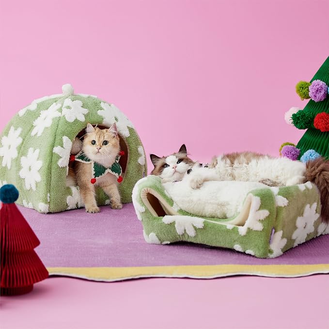 Lesure 2in1 Cute Cat House for Kitten with Washable Cushioned Pillow,17.3in | Cat Beds for Indoor Cats,Small Pet Cave Tent,Cozy Enclosed Foldable Hideaway,Fluffy Ball,Anti Slip Bottom,Hand Strap,Green