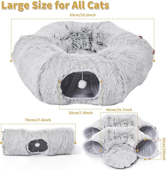 Cat Tunnels Bed with 1 Straight Tunnel and 20 Pet Toys - 5 Shapes DIY Indoor Cats Cave - Detachable Soft Cat Donut for Kitten Puppy Rabbit Ferret
