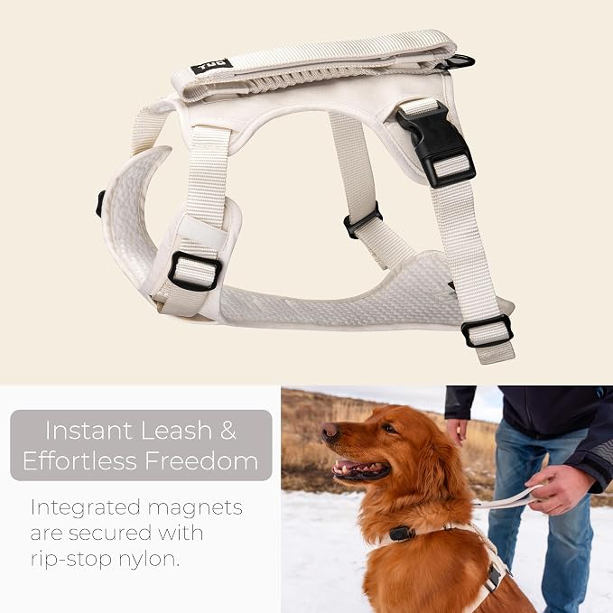 TUG Grab Dog Harness with Built-in Magnetic Traffic Leash (Medium/Cream) | Padded Magnetic Traffic Handle | Dual Leash Clips | 4-Point Adjustable Fit | Durable Nylon
