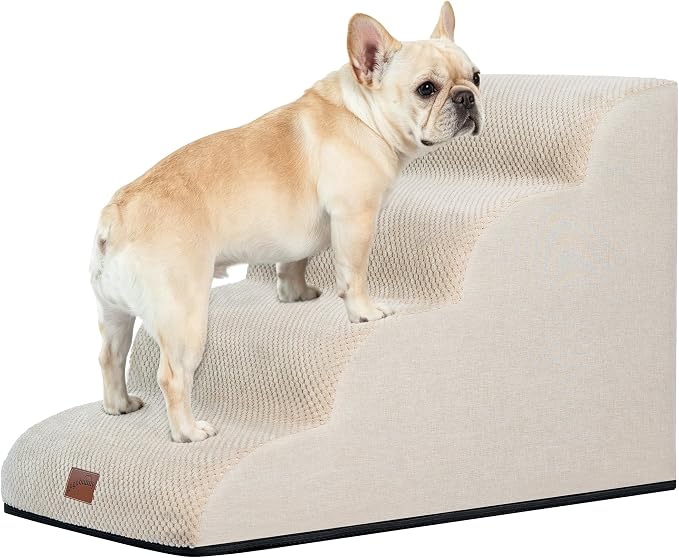 GoGoBunny Waterproof High Density Foam Curved Dog Stairs for High Beds Couches 19.7" H, 4-Step Ramp Dog Steps Friendly to Small Medium Dogs or Pets Joints, Non-Slip Balanced Durable Pet Step, Beige
