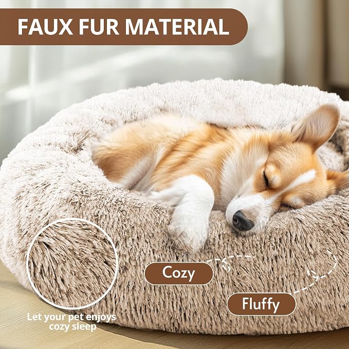 JOLLYVOGUE Calming Dog Beds Large Sized Dog, 36in Donut Washable Large Pet Bed, Anti-Slip & Anti-Anxiety Fluffy Faux Fur Round Dogs Bed, Fits up to 80 lbs Pets (Cream Brown)