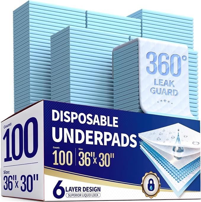 Powools Ultra Thick Bed Pads, 36 x 30 in, 6-Layer, Leak-Proof, 100-Pack | Disposable Adult & Pee Pads for Dogs, Super Absorbent, Quick-Dry, Skin-Friendly, Disposable Changing Pads for Baby